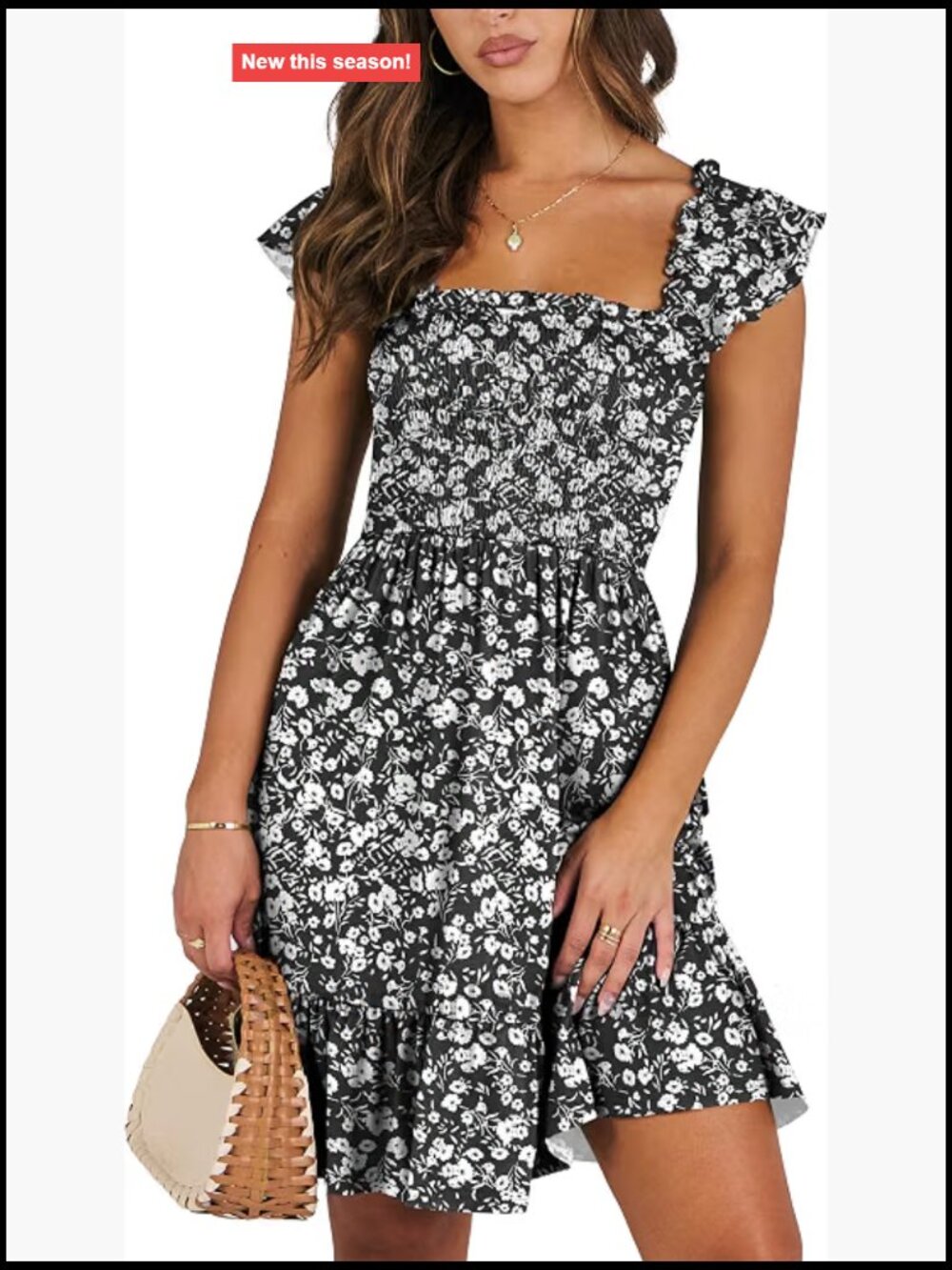 Womens Casual Summer Dress Smocked Square Neck Tiered Sleeveless Mini Sundress